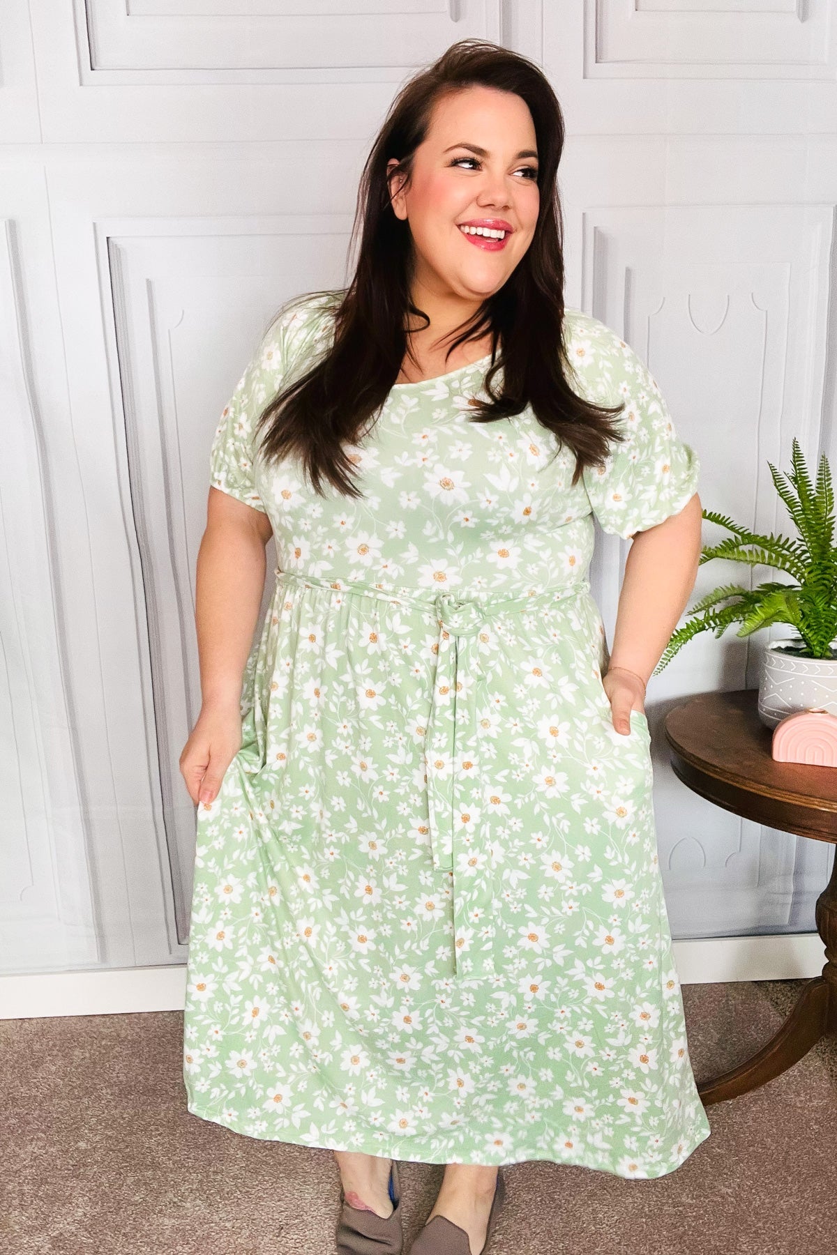 Sage Floral Print Fit & Flare Sash Belt V Neck Dress