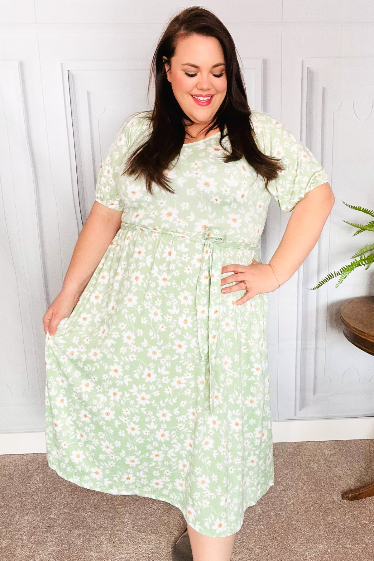 Sage Floral Print Fit & Flare Sash Belt V Neck Dress