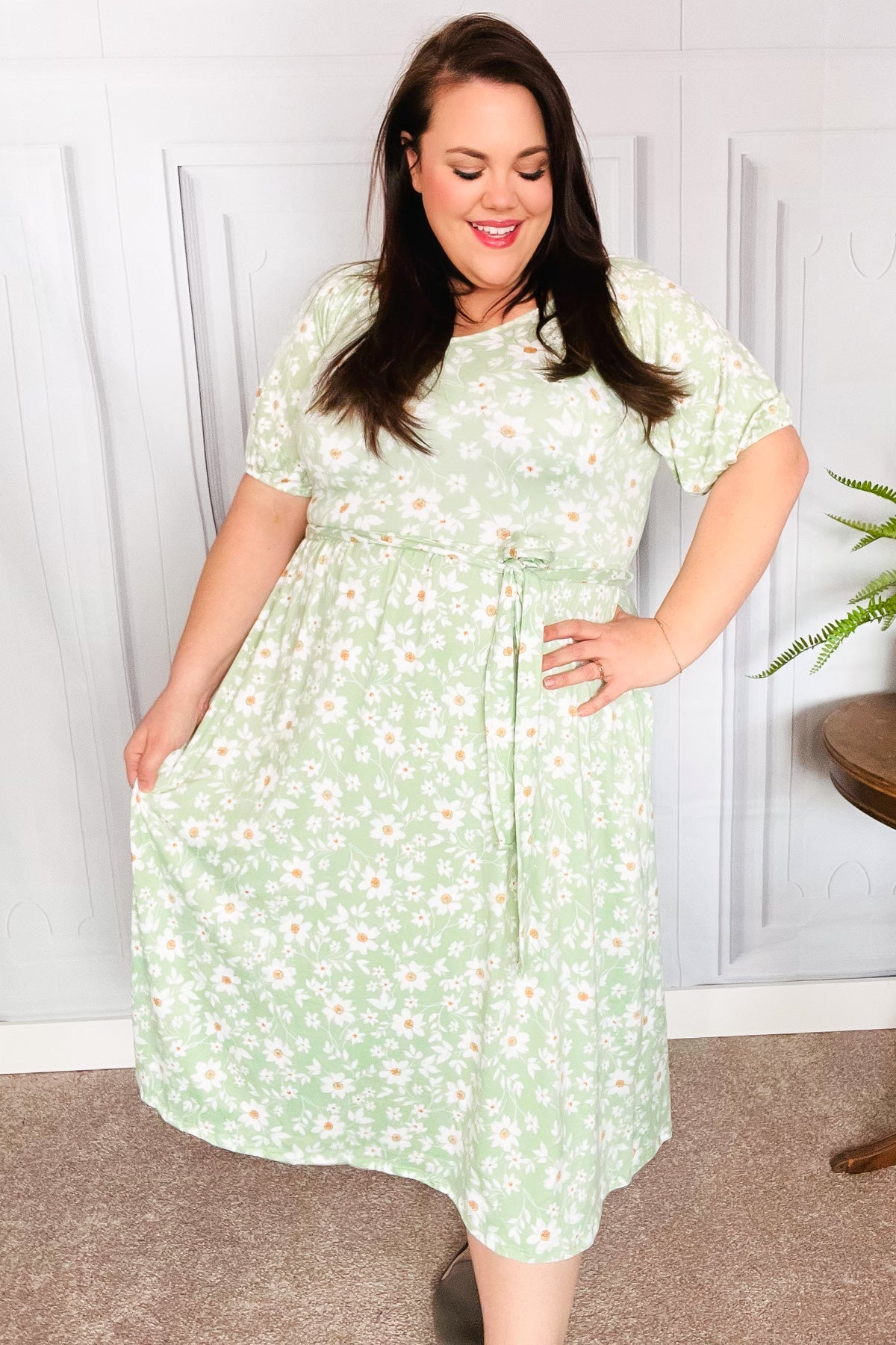 Sage Floral Print Fit & Flare Sash Belt V Neck Dress