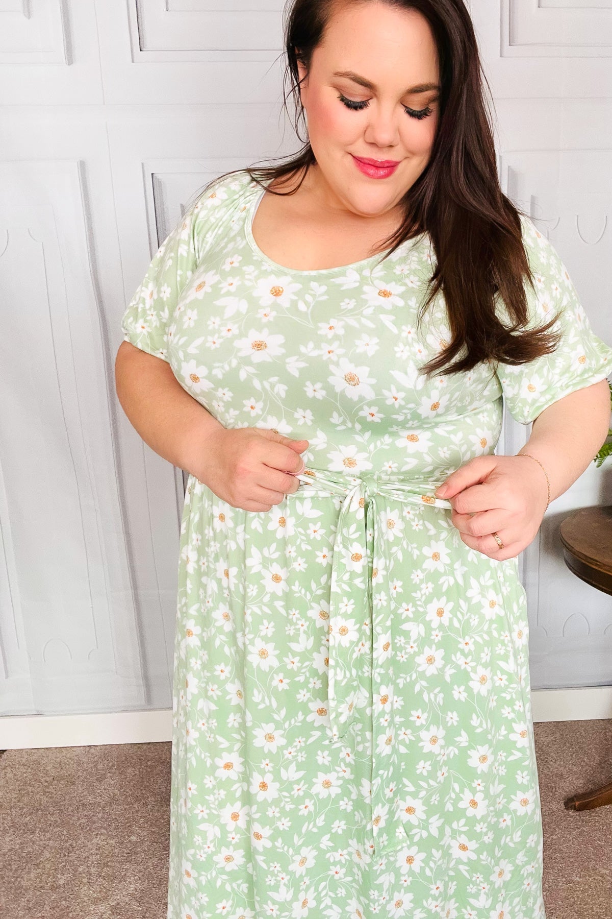 Sage Floral Print Fit & Flare Sash Belt V Neck Dress