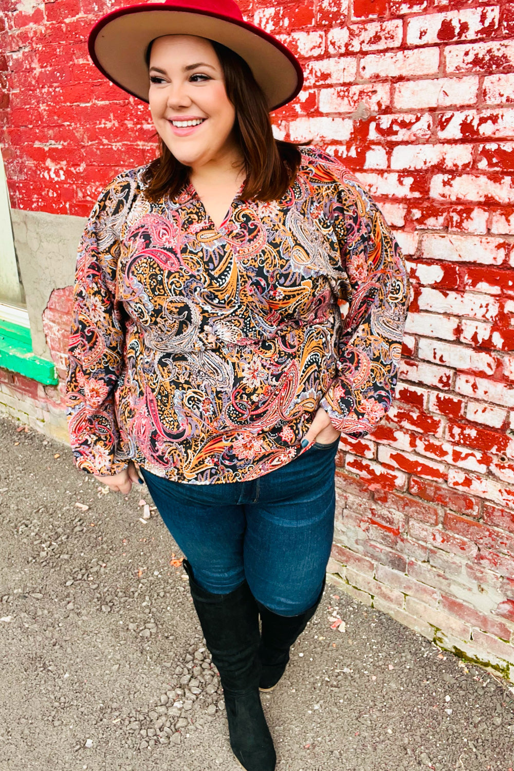 Black & Rust Paisley Surplice Peplum Top