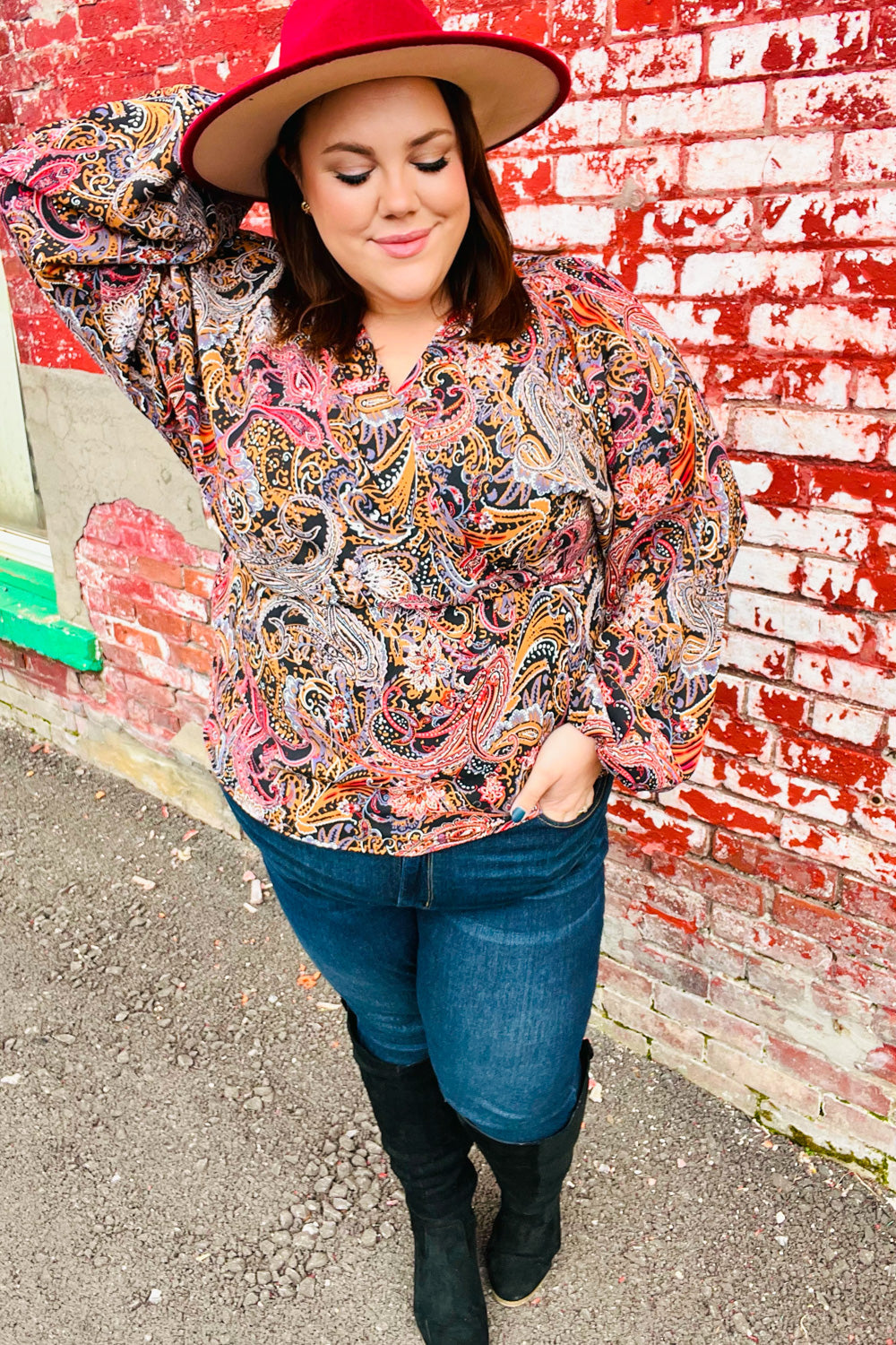 Black & Rust Paisley Surplice Peplum Top