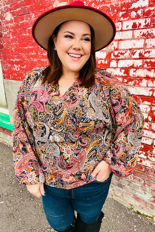 Black & Rust Paisley Surplice Peplum Top