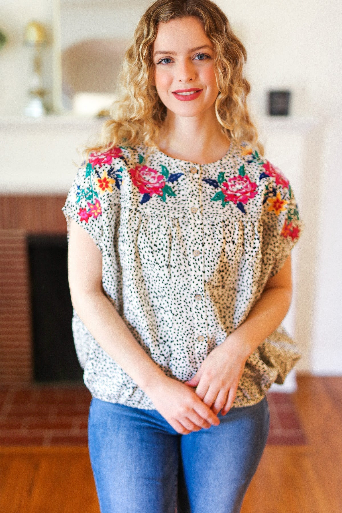 Perfectly Poised Ivory Animal Print Floral Embroidery Button Down Top