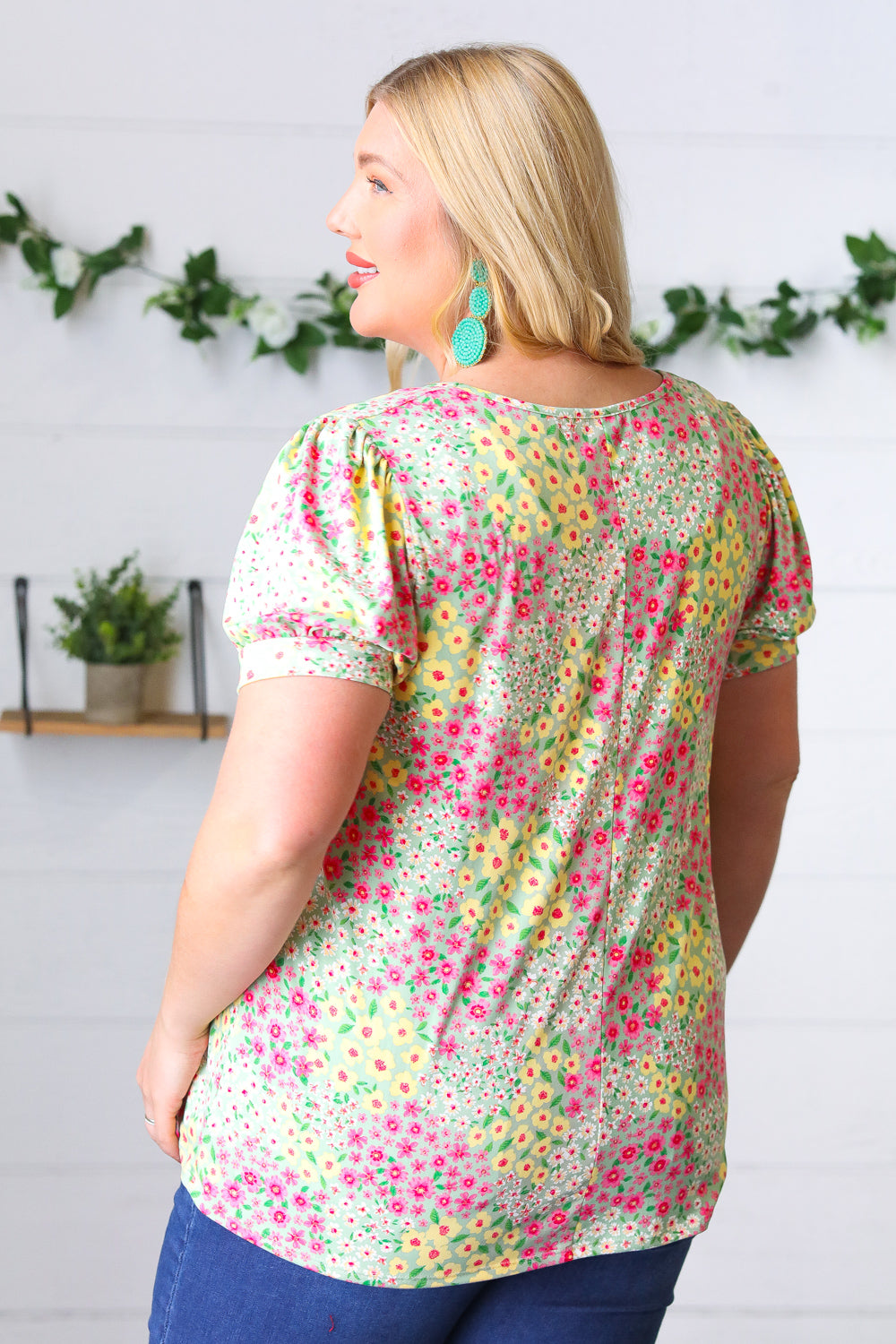 Canary/Mint Floral Square Neck Bubble Sleeve Top