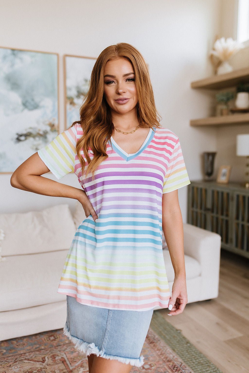 Looking for Rainbows V-Neck Striped Top