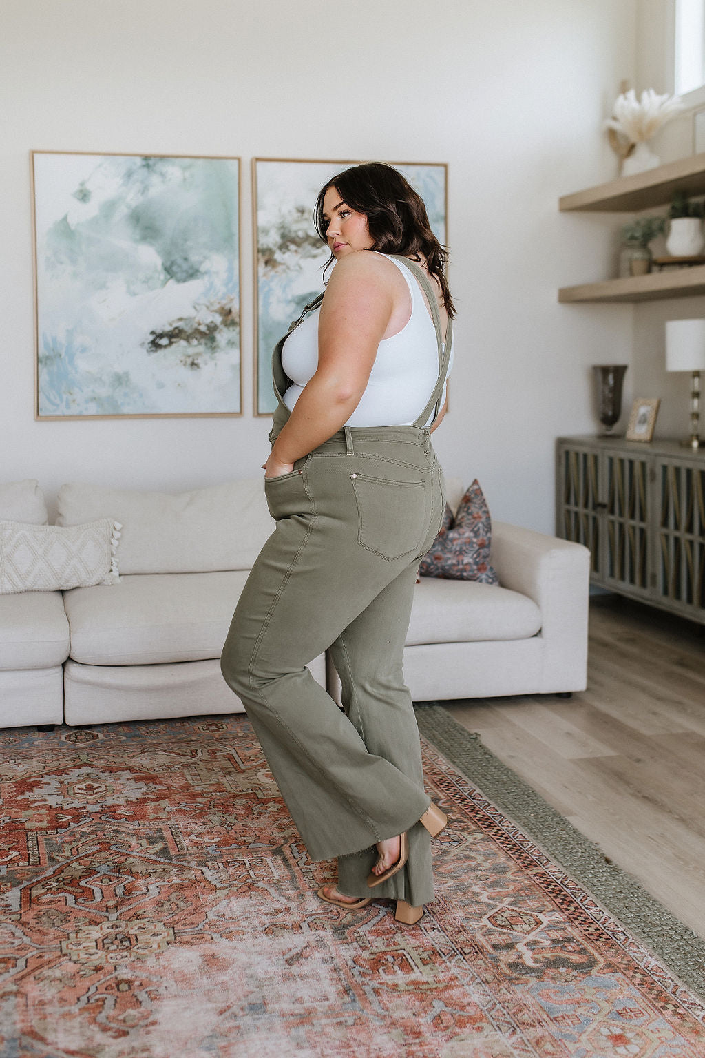 Olivia Control Top Release Hem Overalls in Olive