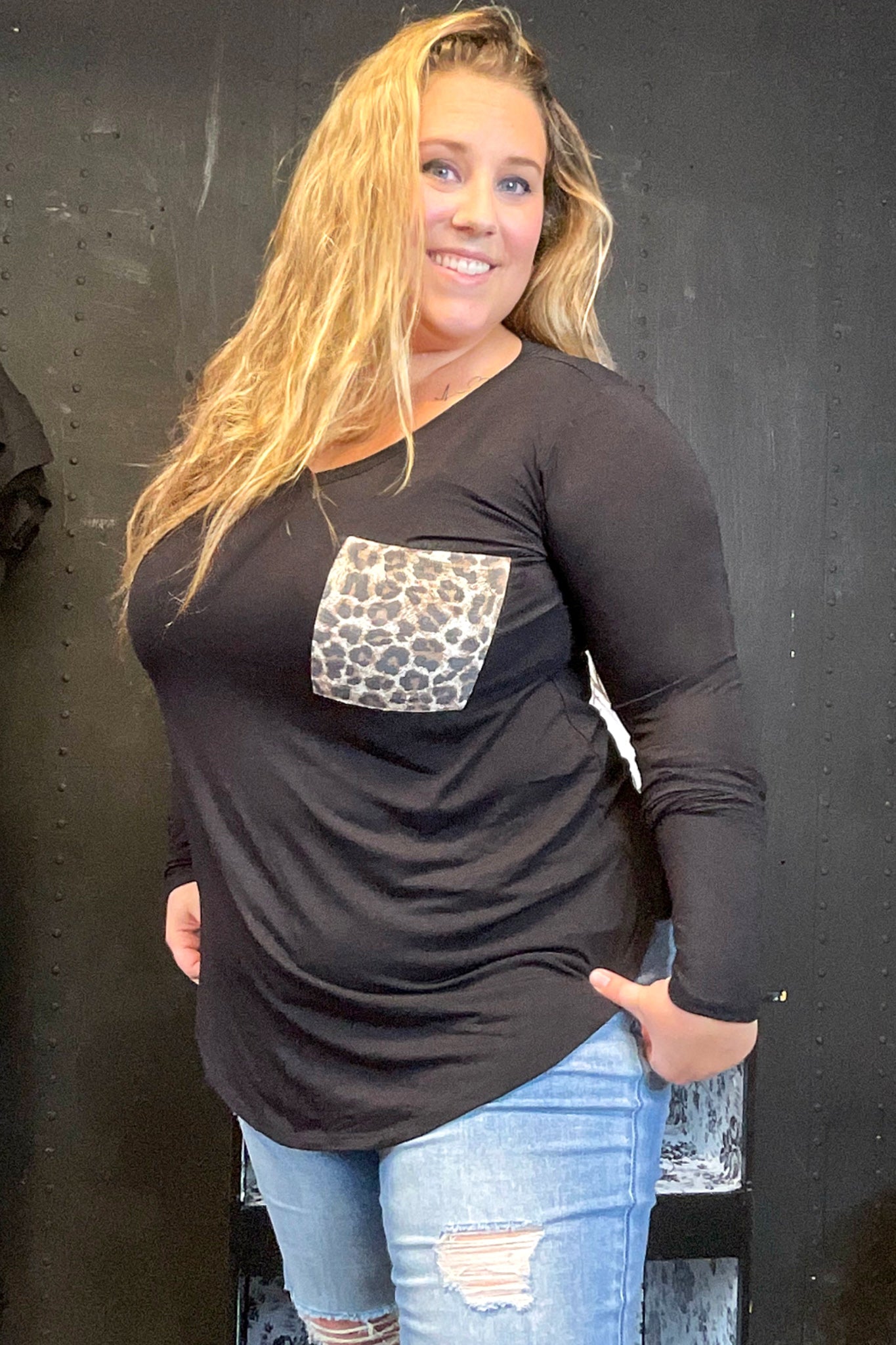 Black Leopard Pocket V-Neck Long Sleeve Top