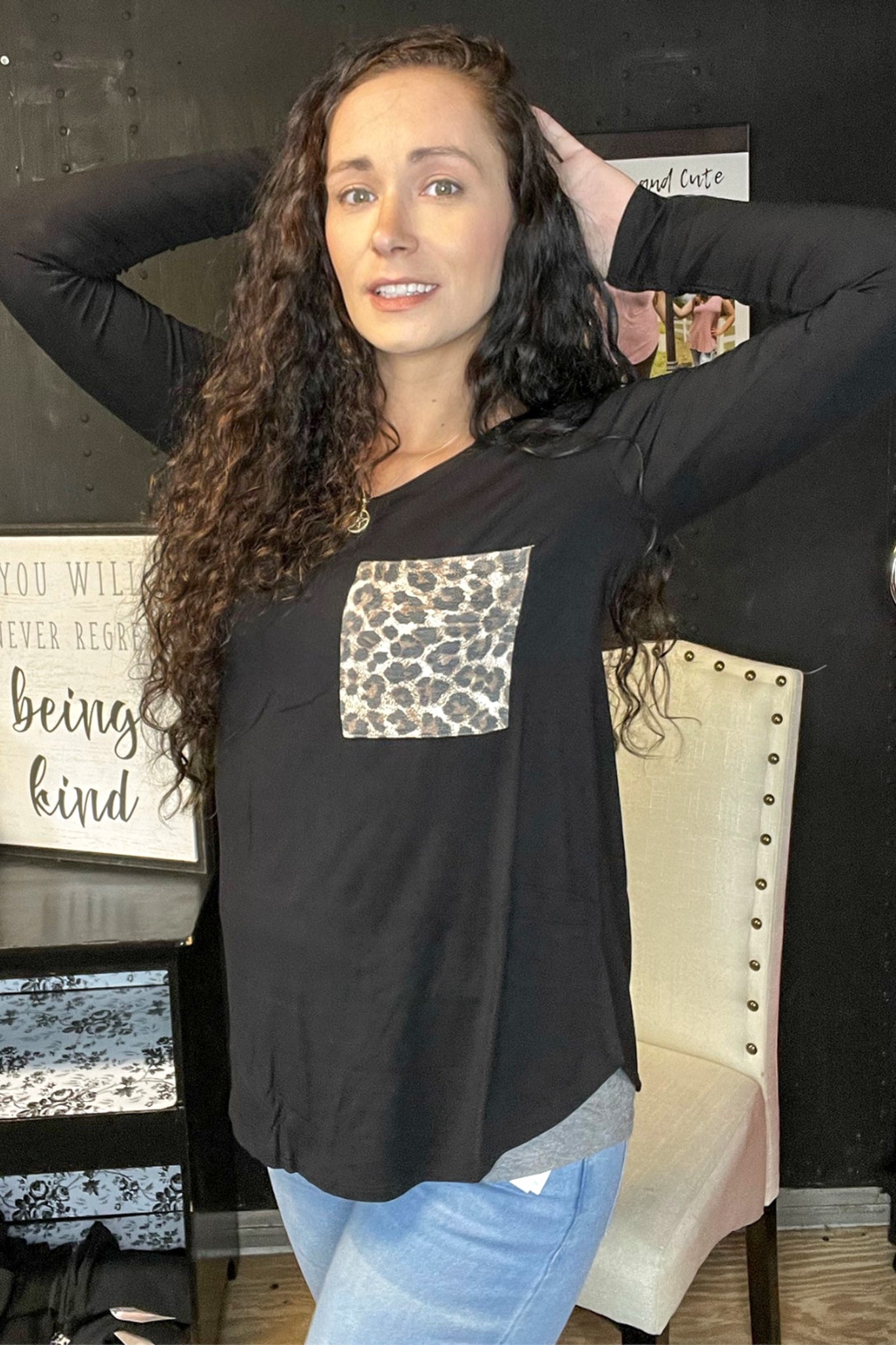 Black Leopard Pocket V-Neck Long Sleeve Top