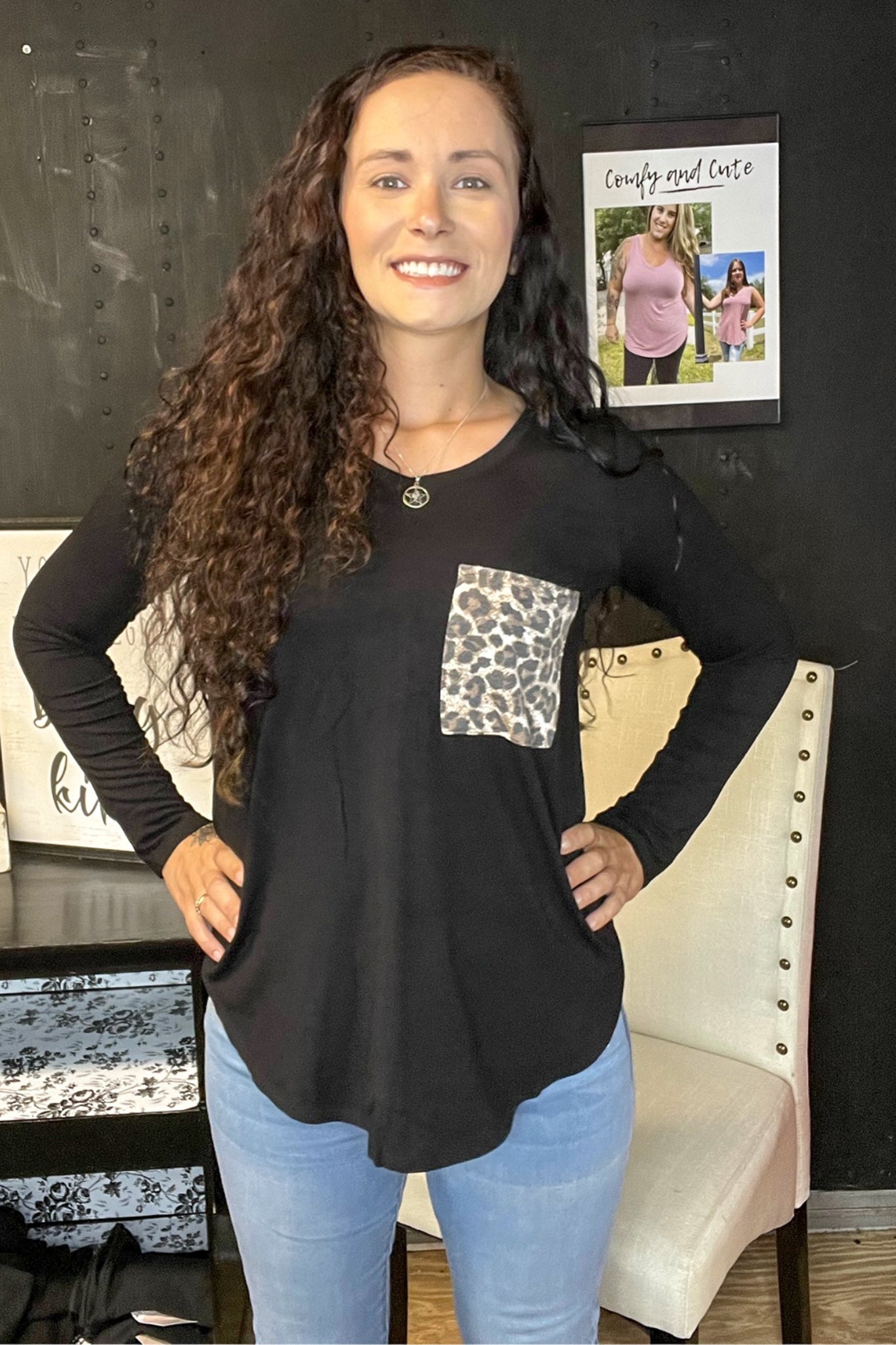 Black Leopard Pocket V-Neck Long Sleeve Top